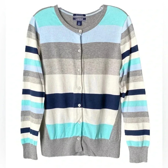 LANDS’END | Color Block Knitted Supima Cotton Cardigan Size L - Picture 1 of 6